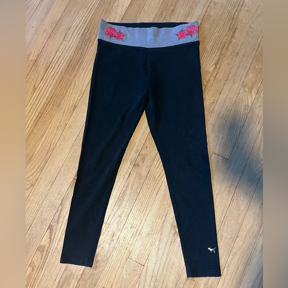 PINK Victoria's Secret Black Bling Leggings with Rose Detail